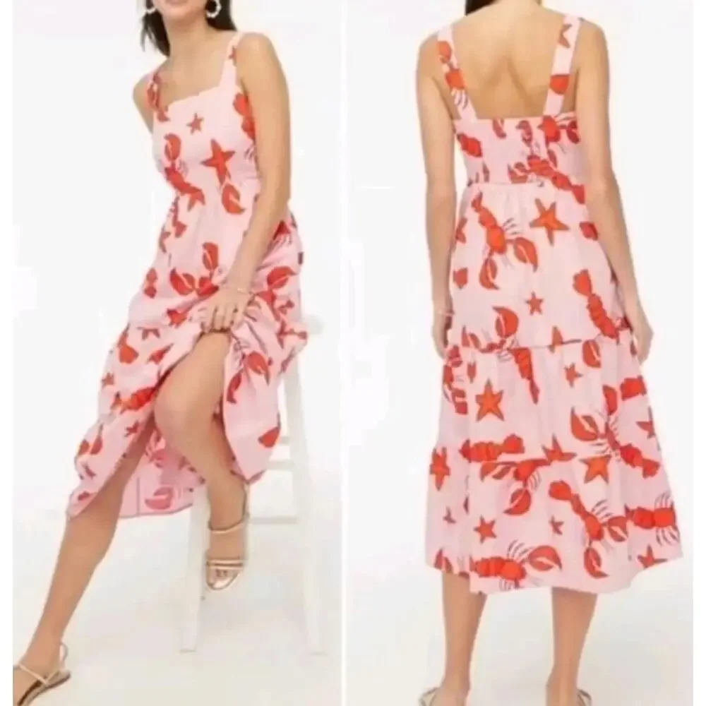 J.Crew Womens 6 Pink Red Lobster Print Tiered Midi Dress Vacation Girly Beachy